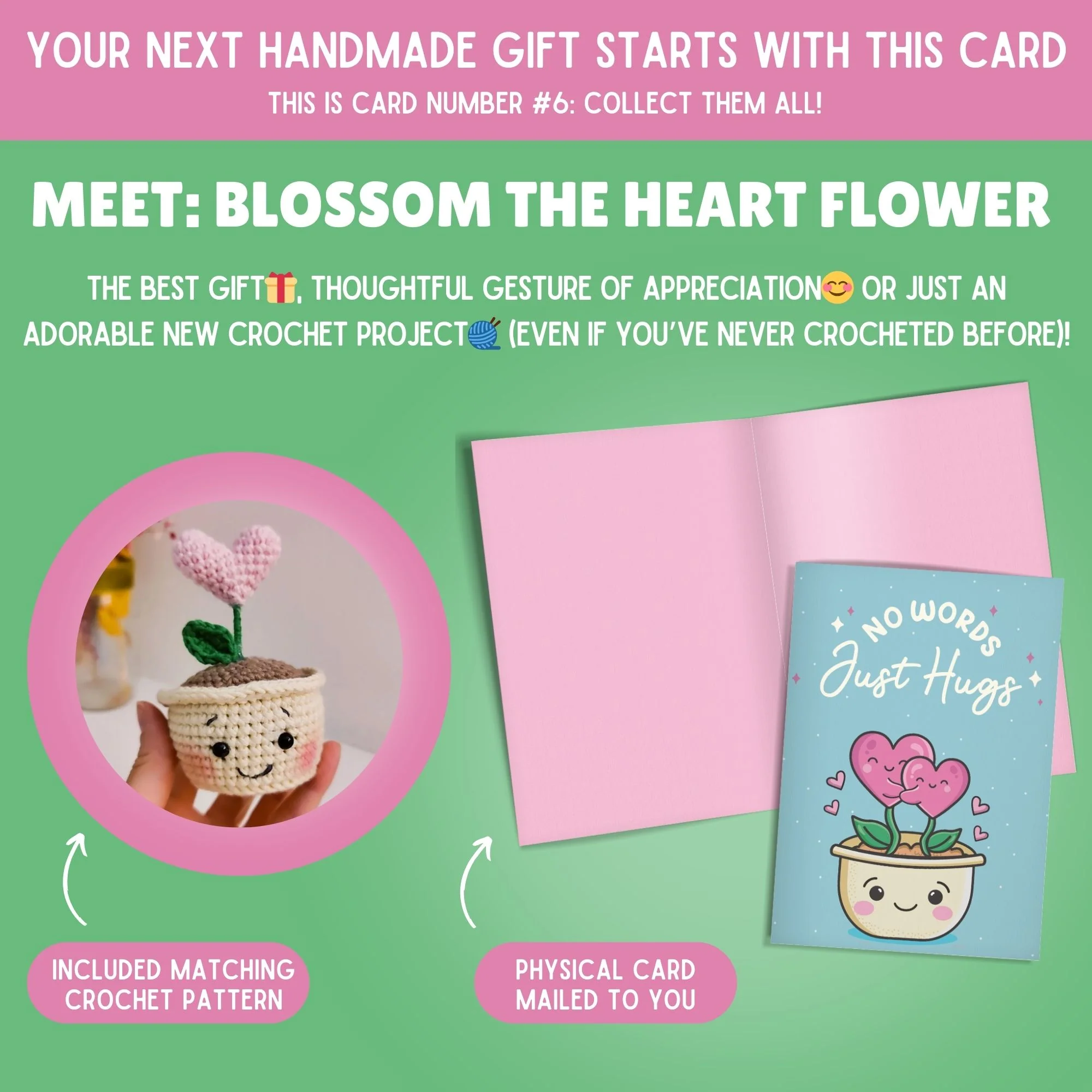 Heart Flower Crochet Pattern & Matching Card: "No Words, Just Hugs" - Image 2