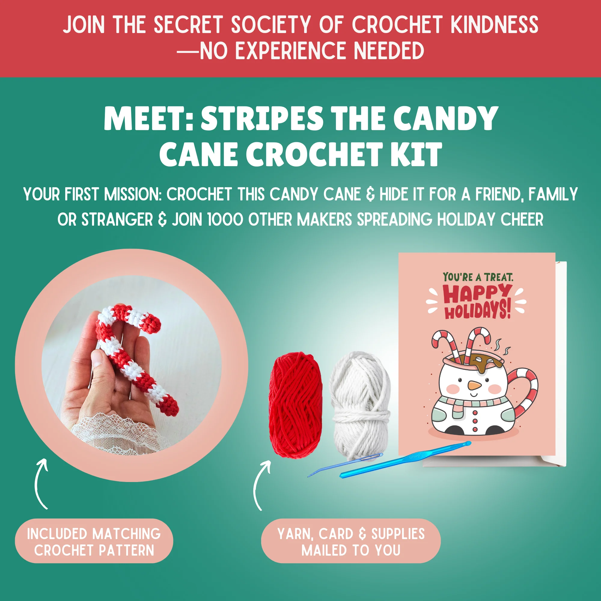 Crochet Kit: The Crochet Kindness Candy Cane Challenge Yarn & Card Kit