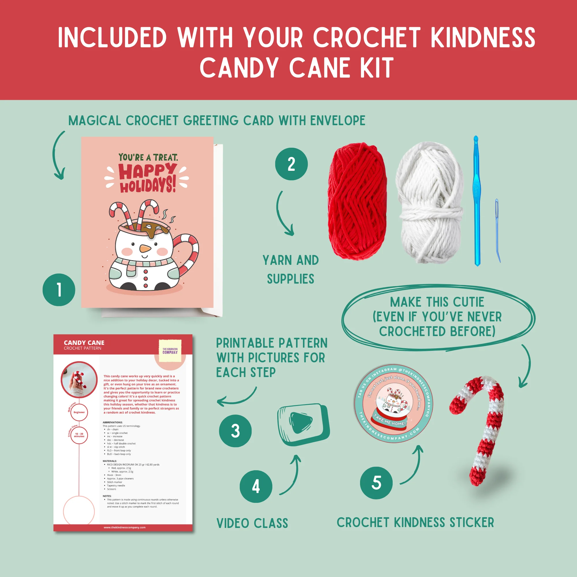Crochet Kit: The Crochet Kindness Candy Cane Challenge Yarn & Card Kit - Image 2