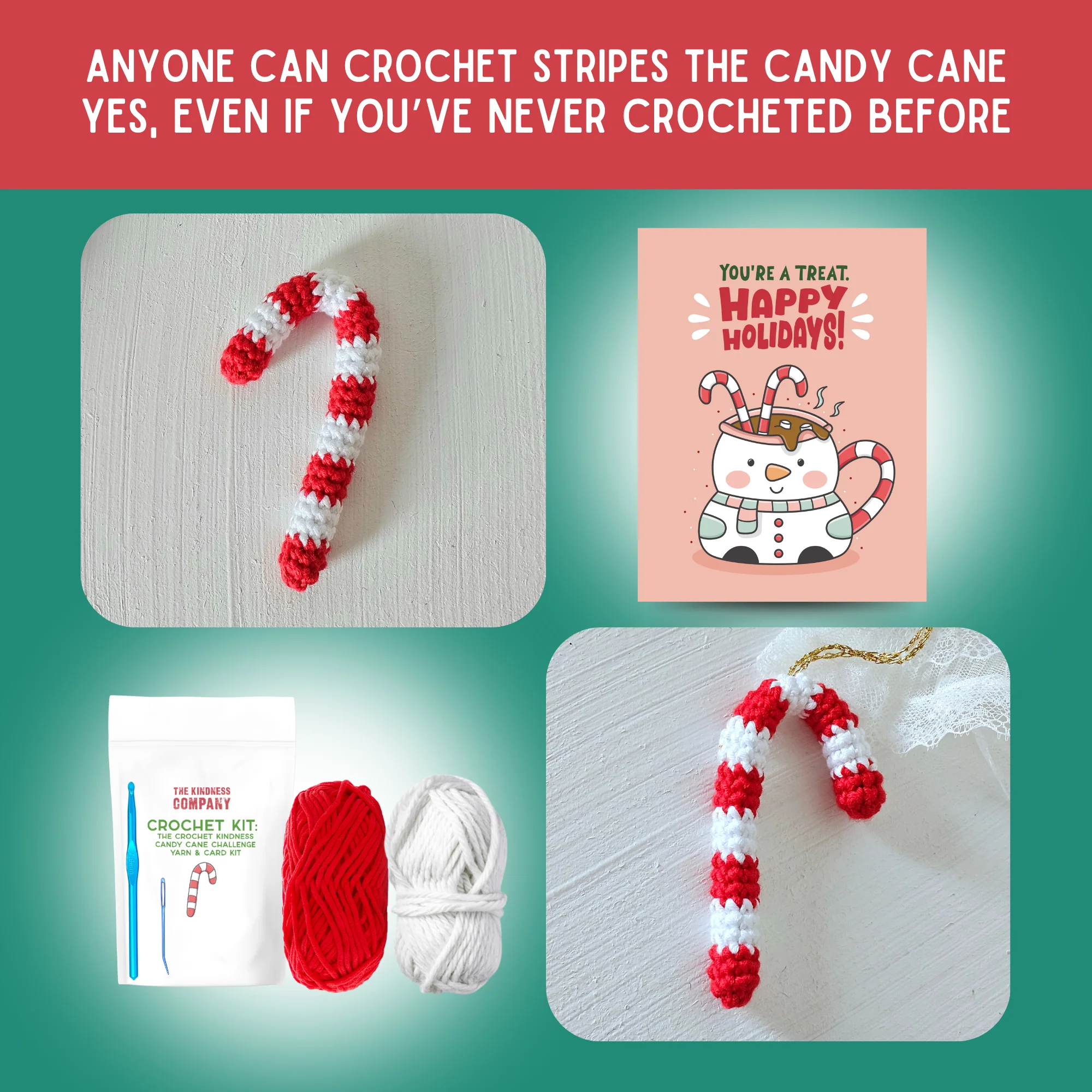 Crochet Kit: The Crochet Kindness Candy Cane Challenge Yarn & Card Kit - Image 3