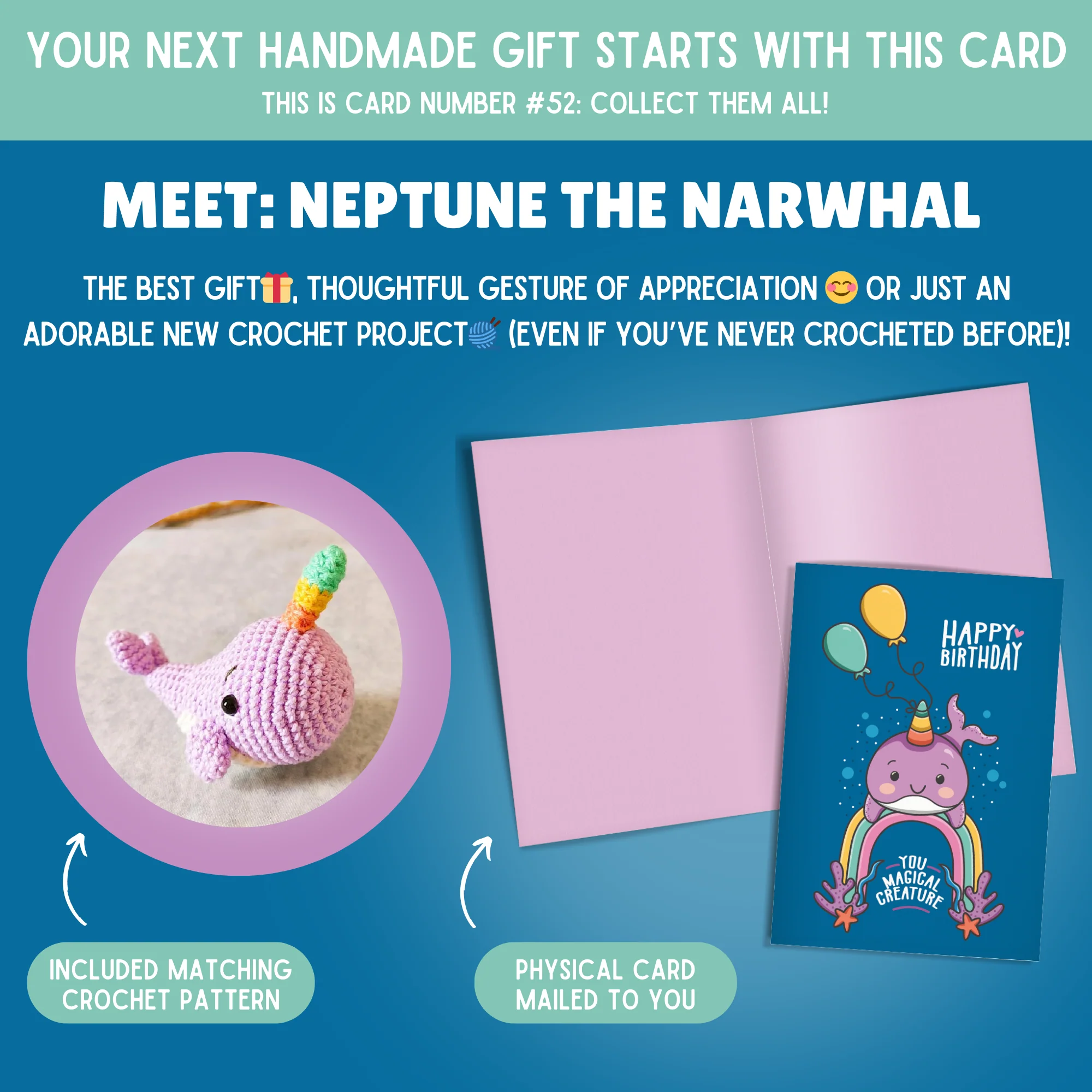 Narwhal Crochet Pattern & Matching Card: "Birthday" - Image 2