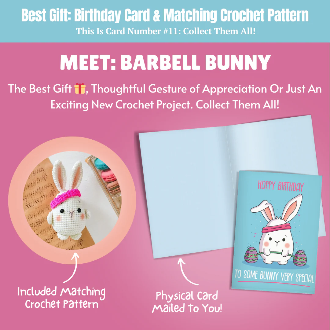 Patrick The Sheep, Barbell Bun Bun, Sassy The Seahorse & Daphne The Donut Crochet Pattern & Matching Greeting Cards Bundle - Image 9