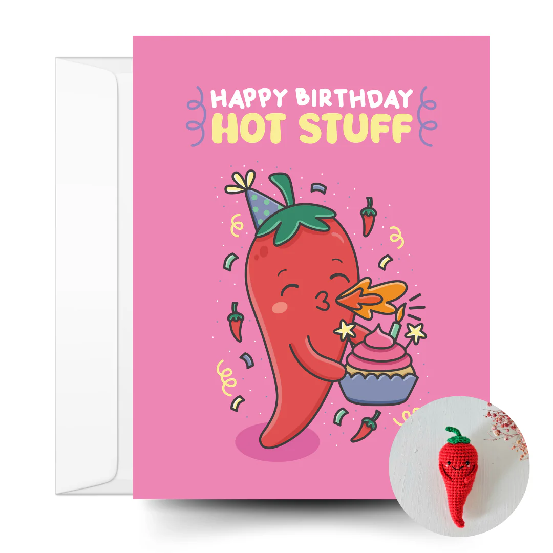 Pepper Crochet Pattern & Matching Card: "Happy Birthday Hot Stuff"
