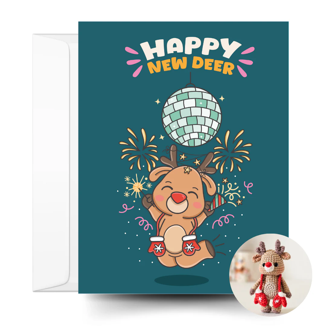 Reindeer Crochet Pattern & Matching Card: "Happy New Deer"