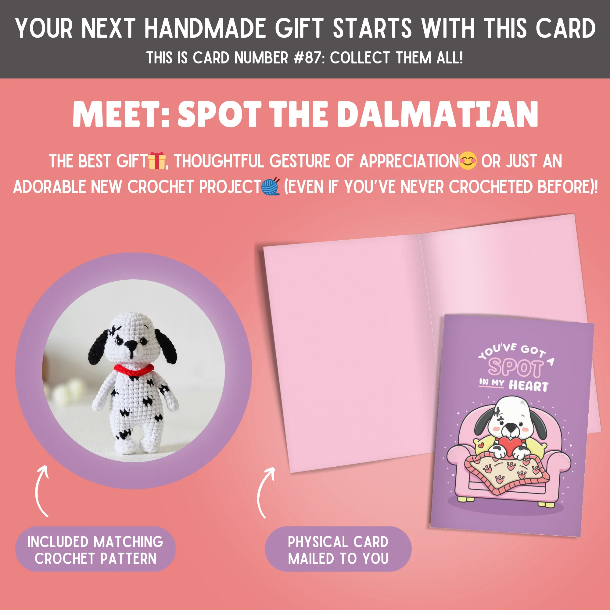 Dalmatian Crochet Pattern & Matching Card: "You've Got A Spot In My Heart" - Image 2
