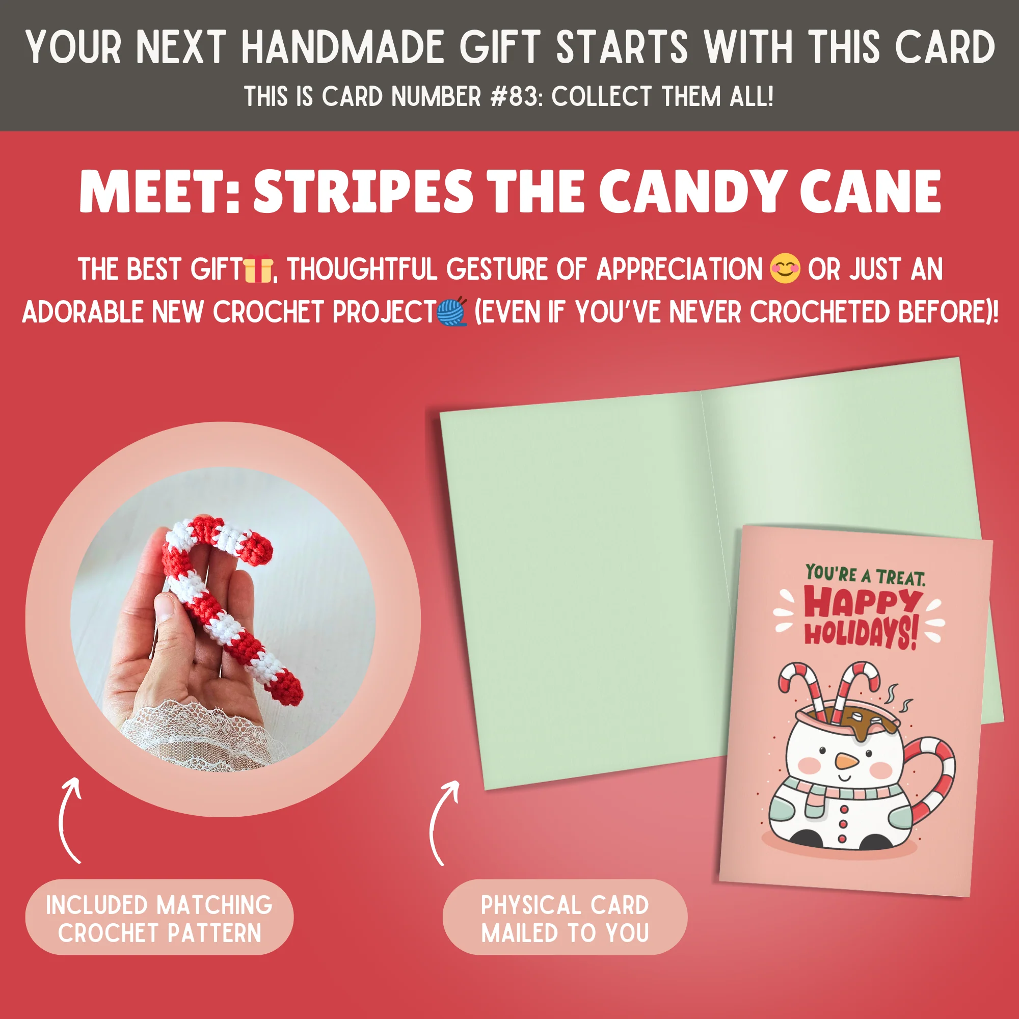 Candy Cane Crochet Pattern & Matching Card: "Happy Holidays!" - Image 2